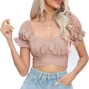 Women's Crop Tops Ruffle Short Sleeve Tie Back Summer Off Shoulder Top Blouse