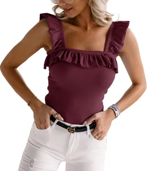 Womens Cute Sleeveless Tank Tops Ruffle Strap Square Neck Blouse Solid Color Knitted Camisole