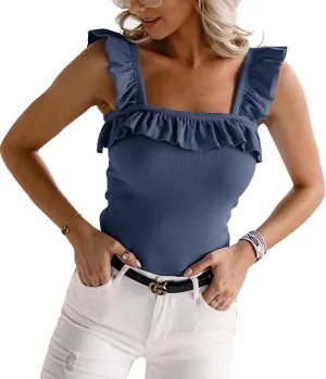 Womens Cute Sleeveless Tank Tops Ruffle Strap Square Neck Blouse Solid Color Knitted Camisole