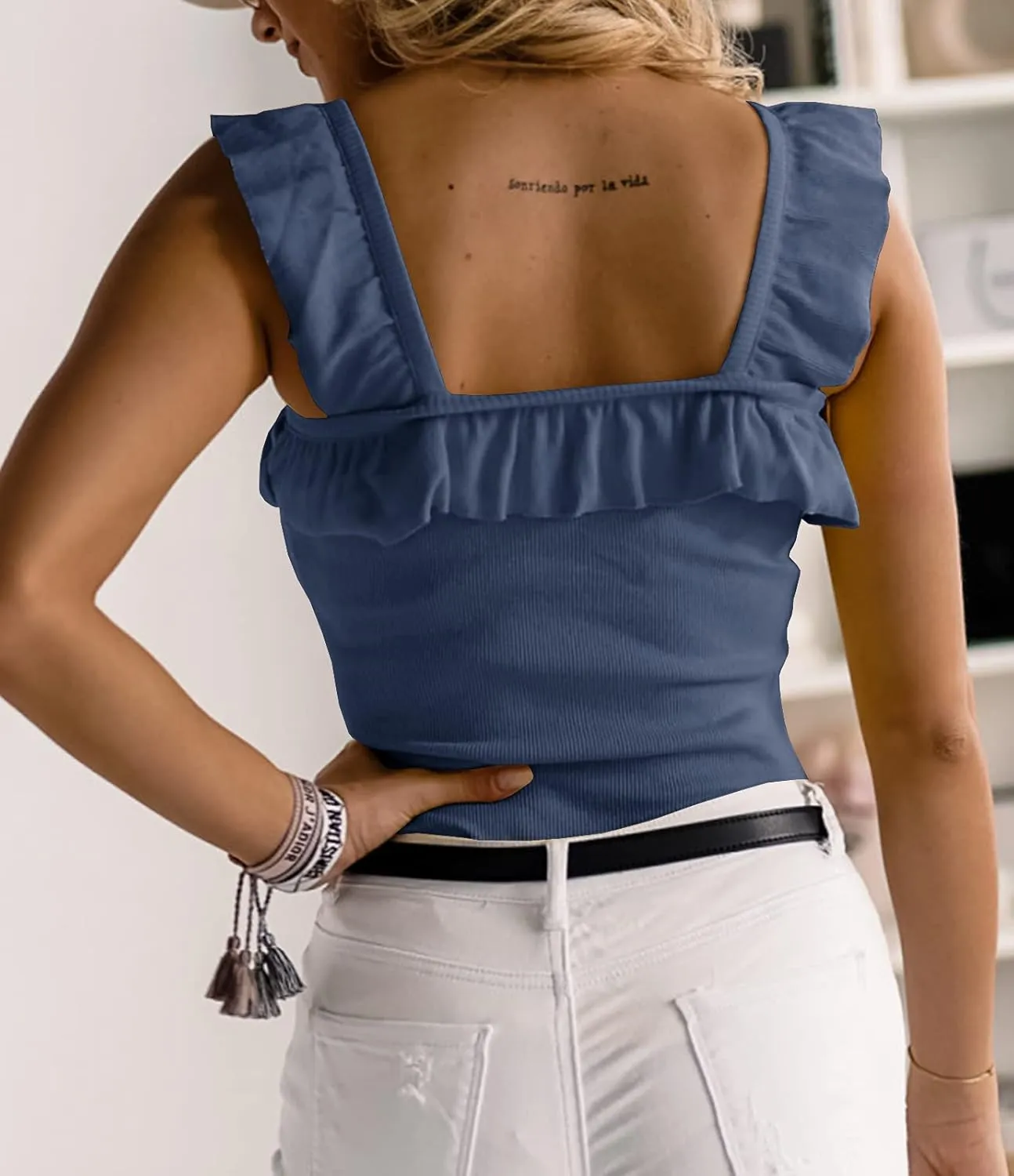 Womens Cute Sleeveless Tank Tops Ruffle Strap Square Neck Blouse Solid Color Knitted Camisole