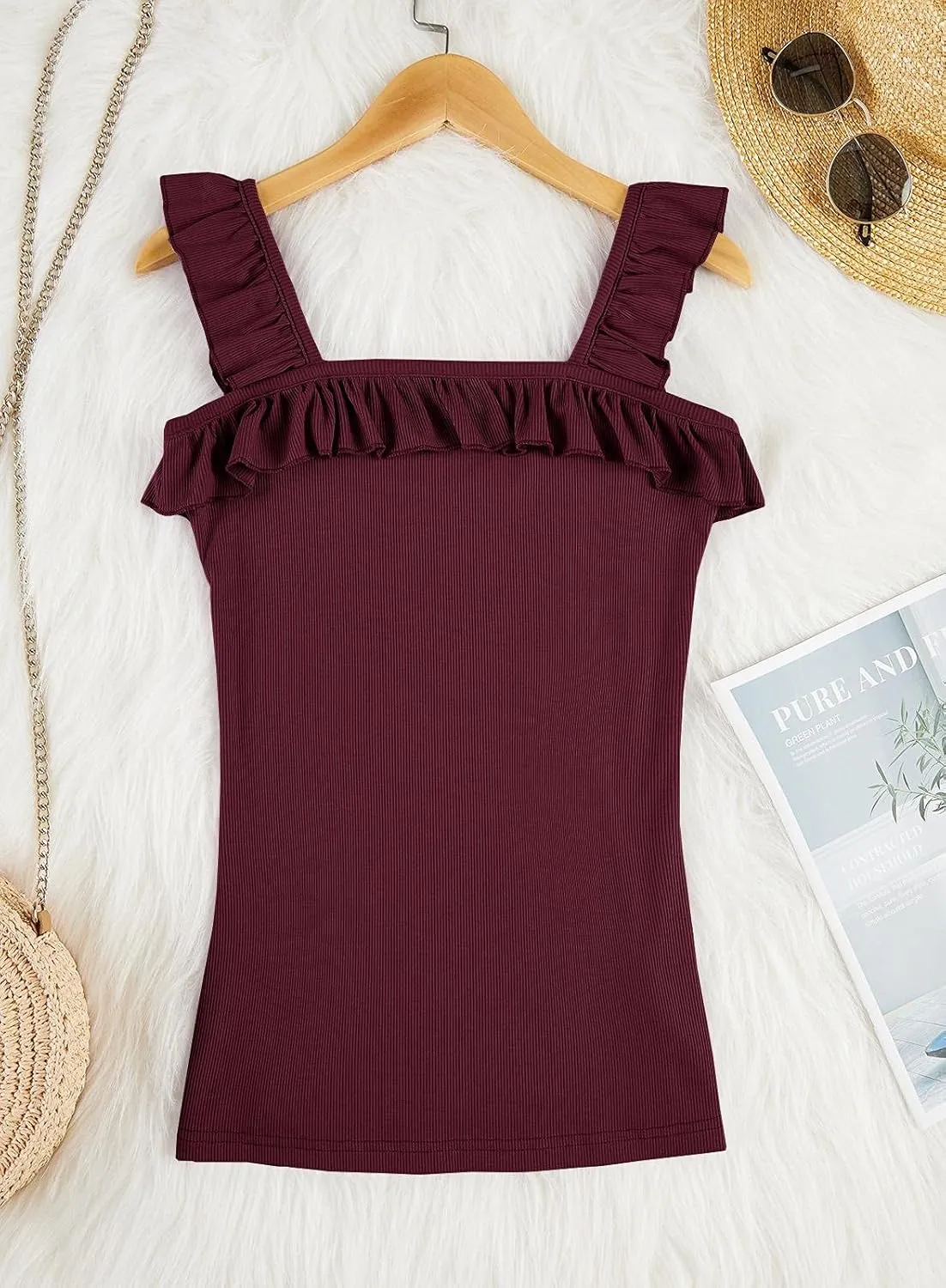 Womens Cute Sleeveless Tank Tops Ruffle Strap Square Neck Blouse Solid Color Knitted Camisole