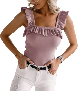Womens Cute Sleeveless Tank Tops Ruffle Strap Square Neck Blouse Solid Color Knitted Camisole