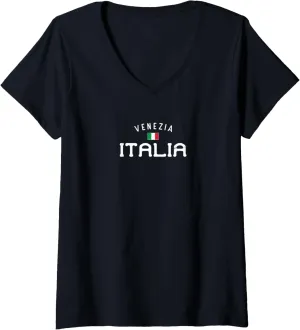 Womens Distressed Venezia Italia With Italian Flag Design V-Neck T-Shirt