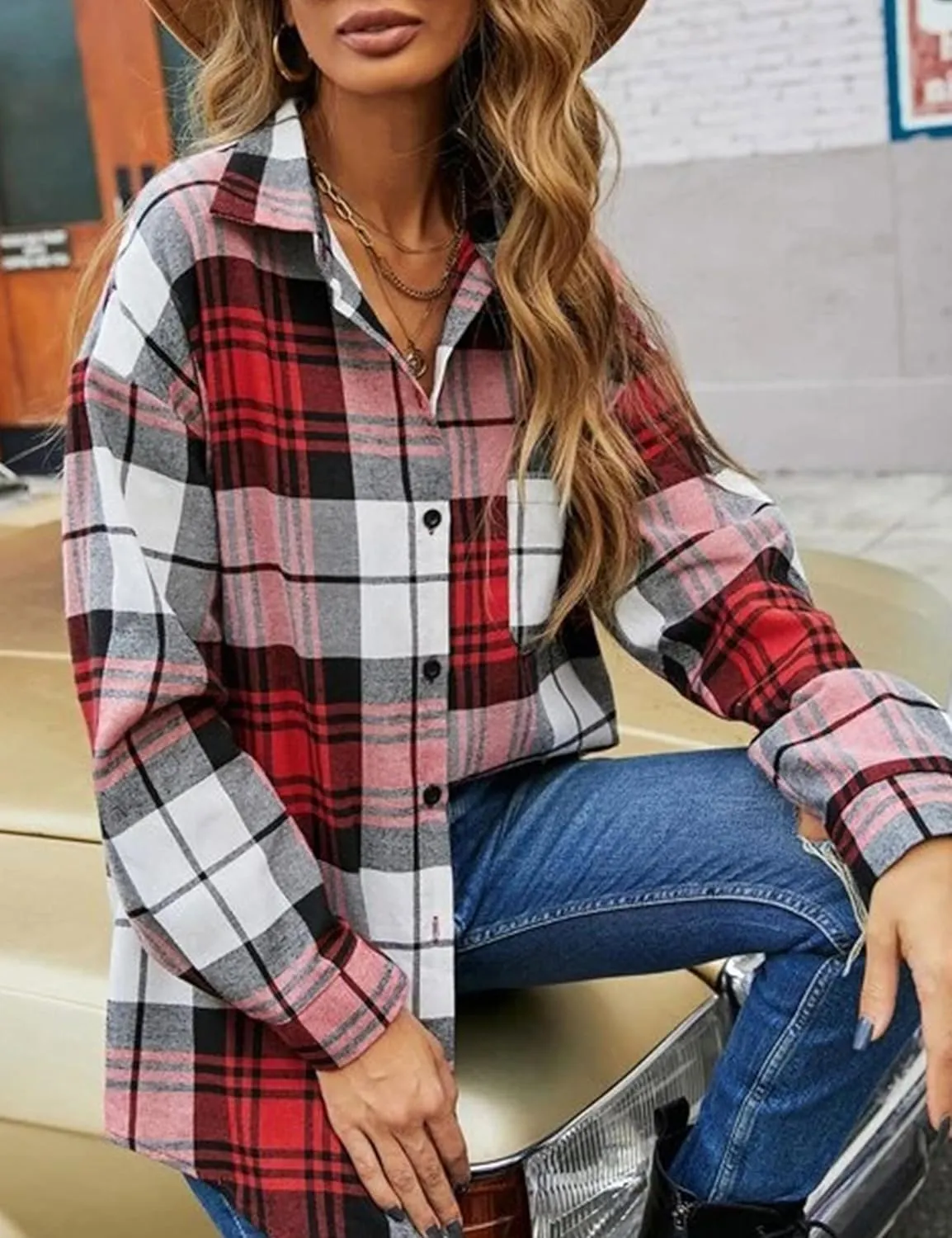 Womens Fashion Flannel Buffalo Plaid Shirt Button Down Long Sleeve Casual Loose Collared Shirts Blouse Top