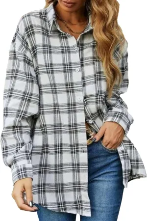 Womens Fashion Flannel Buffalo Plaid Shirt Button Down Long Sleeve Casual Loose Collared Shirts Blouse Top