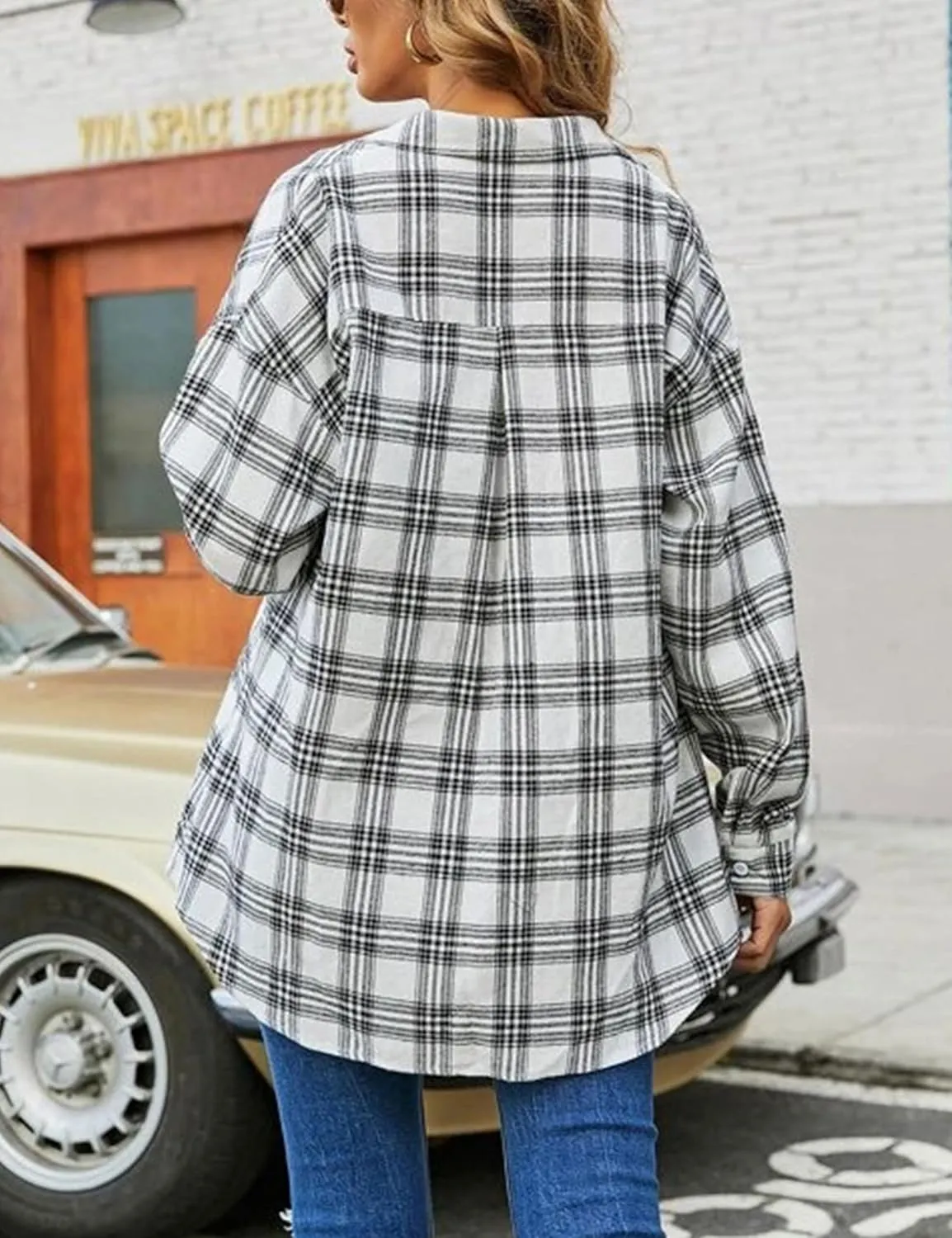 Womens Fashion Flannel Buffalo Plaid Shirt Button Down Long Sleeve Casual Loose Collared Shirts Blouse Top
