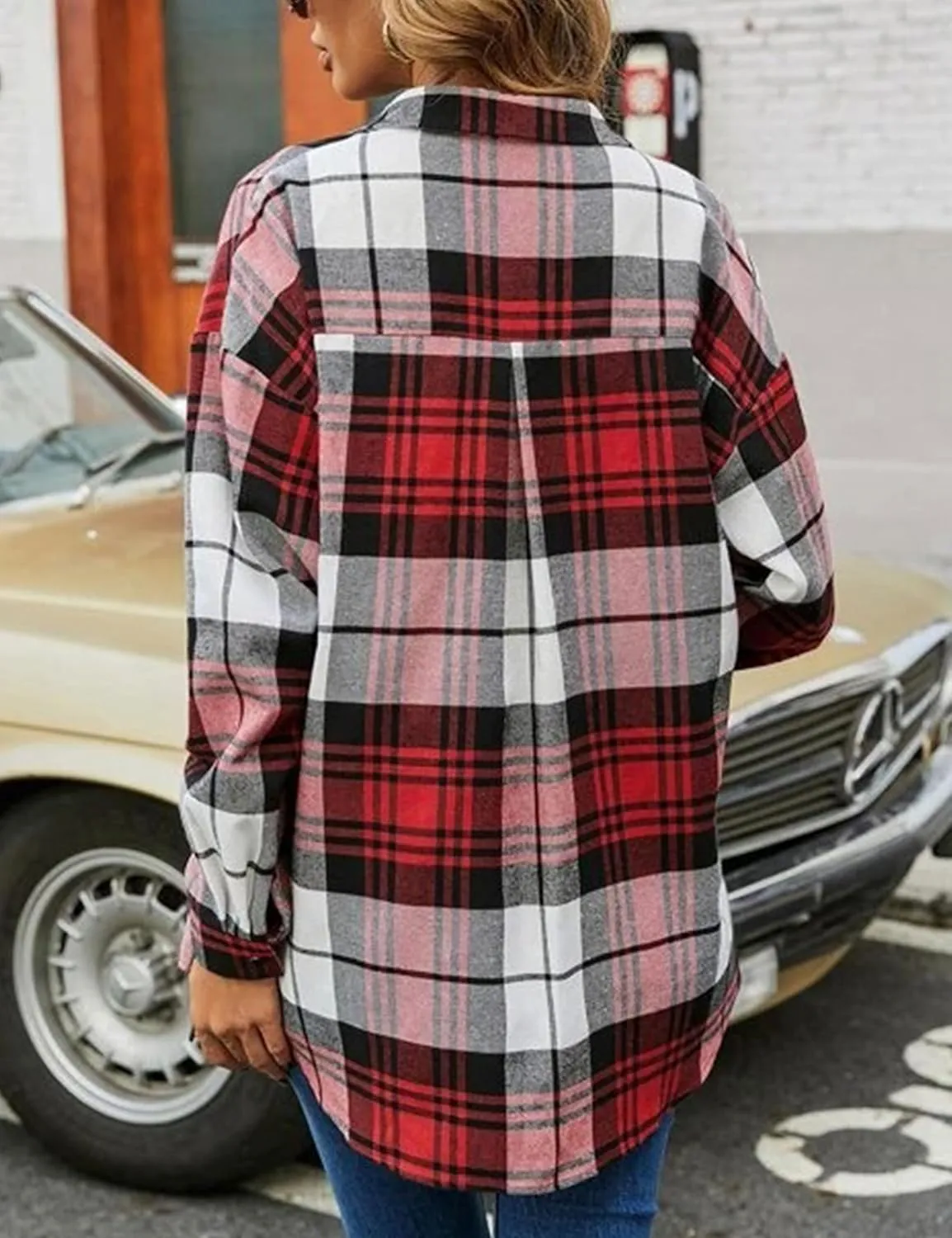 Womens Fashion Flannel Buffalo Plaid Shirt Button Down Long Sleeve Casual Loose Collared Shirts Blouse Top