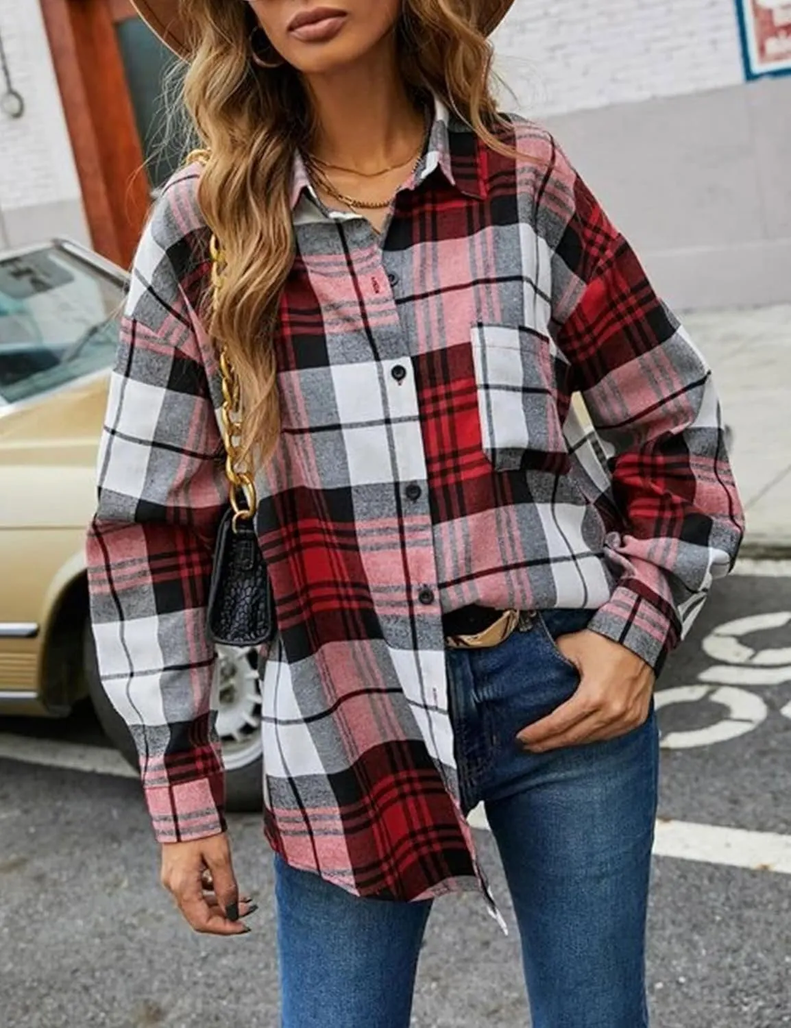 Womens Fashion Flannel Buffalo Plaid Shirt Button Down Long Sleeve Casual Loose Collared Shirts Blouse Top