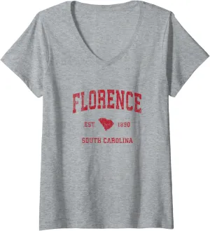 Womens Florence South Carolina SC Vintage Sports Design Red Print V-Neck T-Shirt