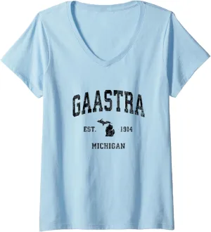 Womens Gaastra Michigan MI Vintage Athletic Black Sports Design V-Neck T-Shirt