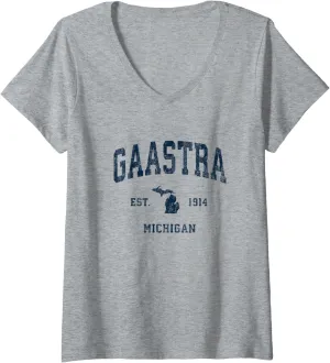 Womens Gaastra Michigan MI Vintage Athletic Navy Sports Design V-Neck T-Shirt
