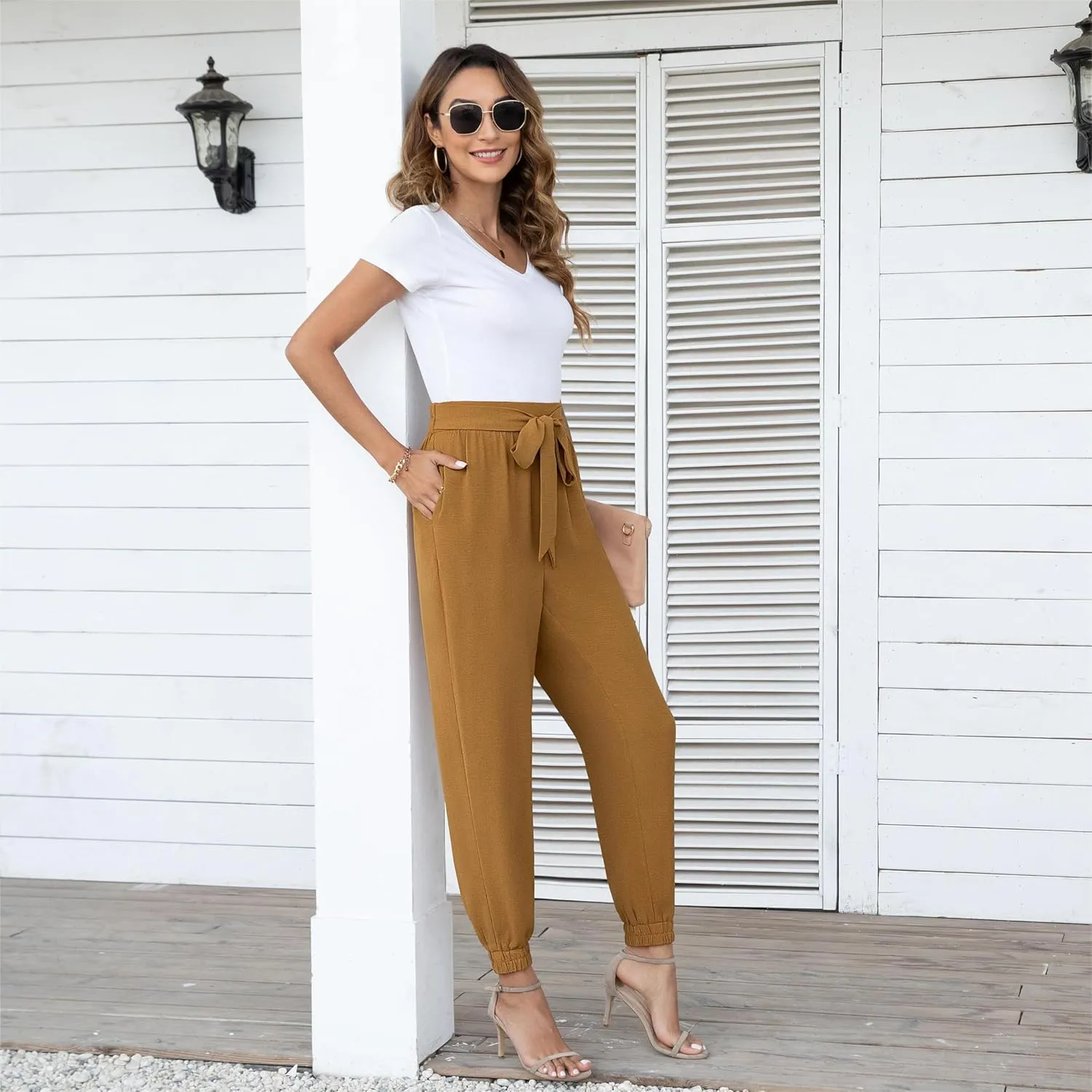 Womens High Waist Dressy Joggers Bow-Knot Loose Business Casual Pants for Work Tapered Trousers with Pockets