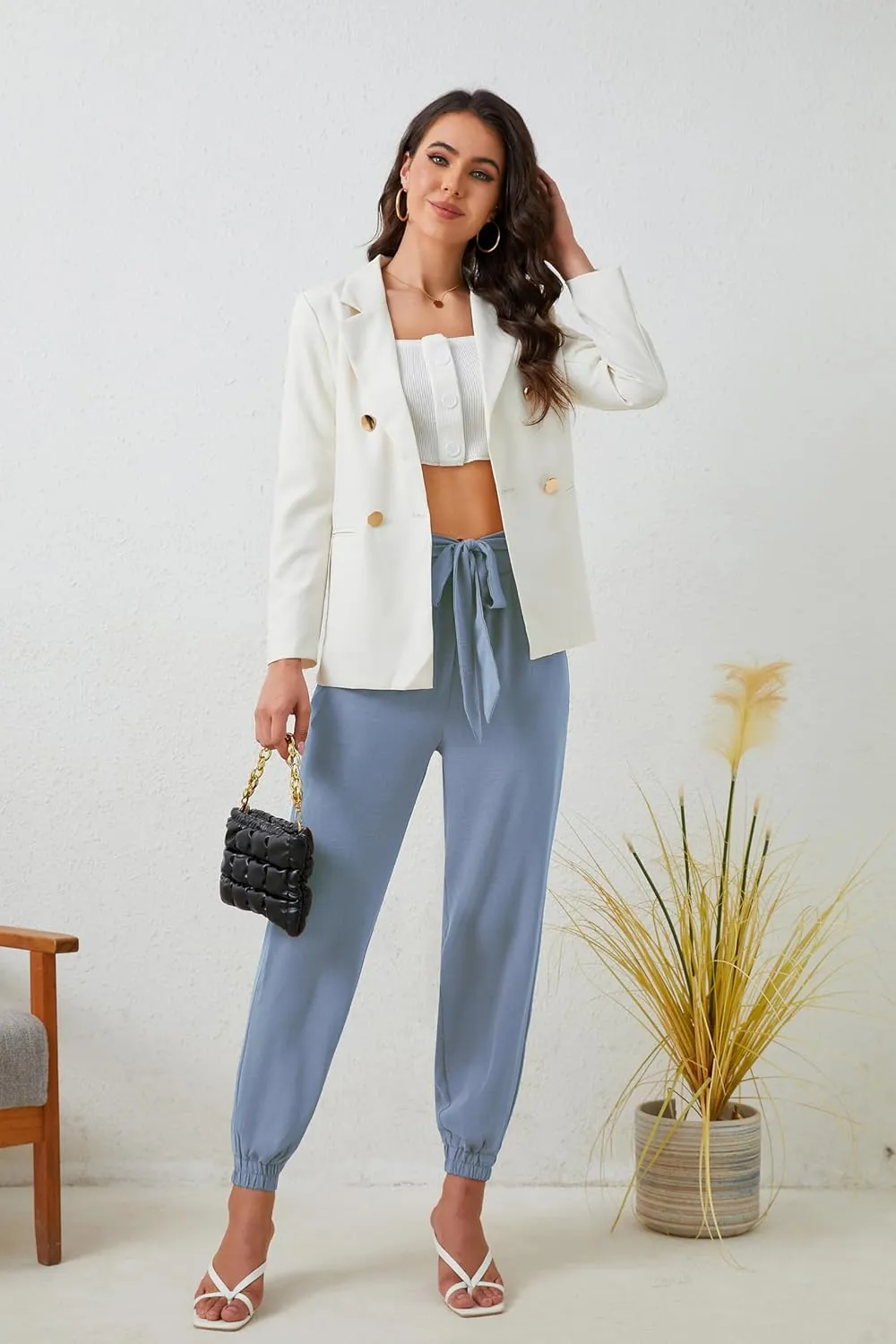 Womens High Waist Dressy Joggers Bow-Knot Loose Business Casual Pants for Work Tapered Trousers with Pockets