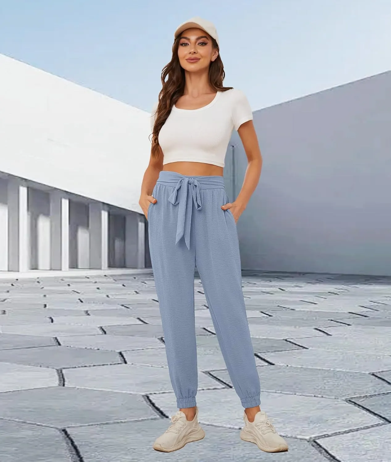 Womens High Waist Dressy Joggers Bow-Knot Loose Business Casual Pants for Work Tapered Trousers with Pockets