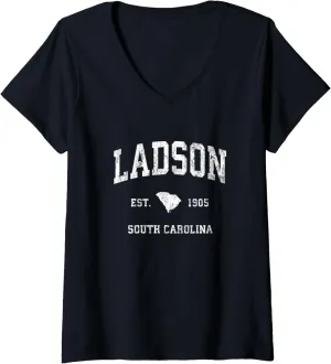 Womens Ladson South Carolina SC Vintage Athletic Sports Design V-Neck T-Shirt