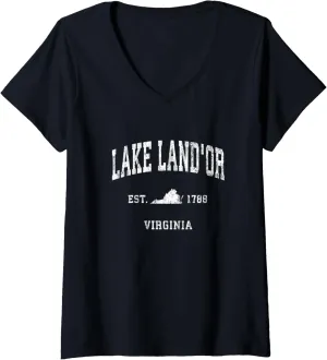 Womens Lake Land'Or Virginia VA Vintage Athletic Sports Design V-Neck T-Shirt