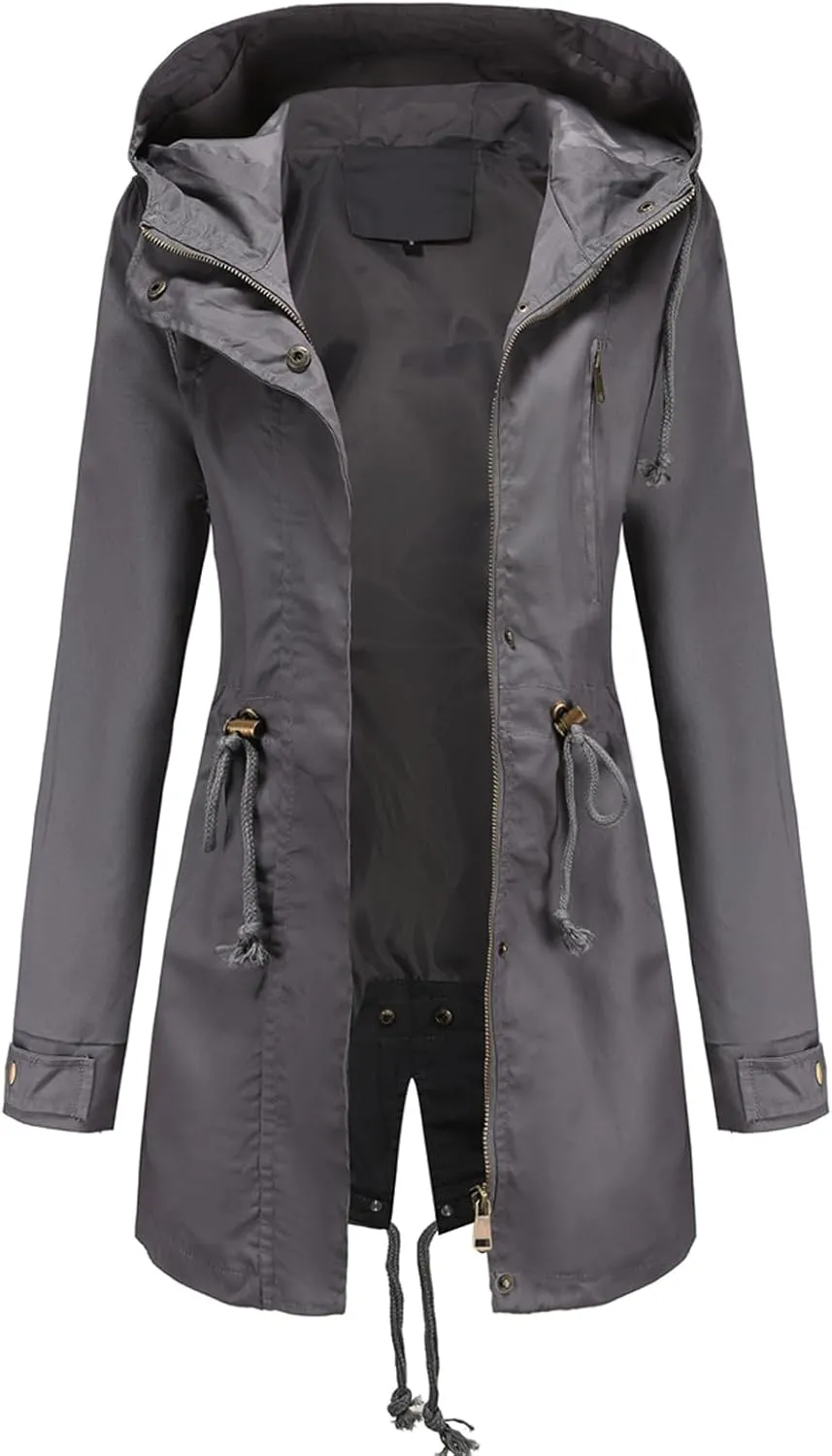 Women's Ligtweight Jackets Anorak Utility Drawstring Waist Hoodie Zip Up Fall Casual Coat with Pockets