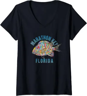Womens Marathon Key, Florida Beach Design / Souvenir Illustration V-Neck T-Shirt