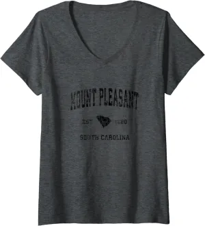 Womens Mount Pleasant South Carolina SC Vintage Sports Design Black V-Neck T-Shirt