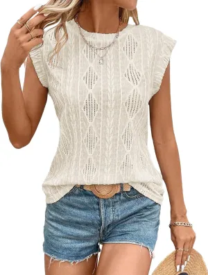 Women's Sleeveless Back Key Hole Tunic Tank Tops Casual Lace Shirt Blouses