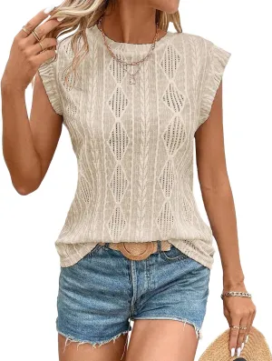 Women's Sleeveless Back Key Hole Tunic Tank Tops Casual Lace Shirt Blouses