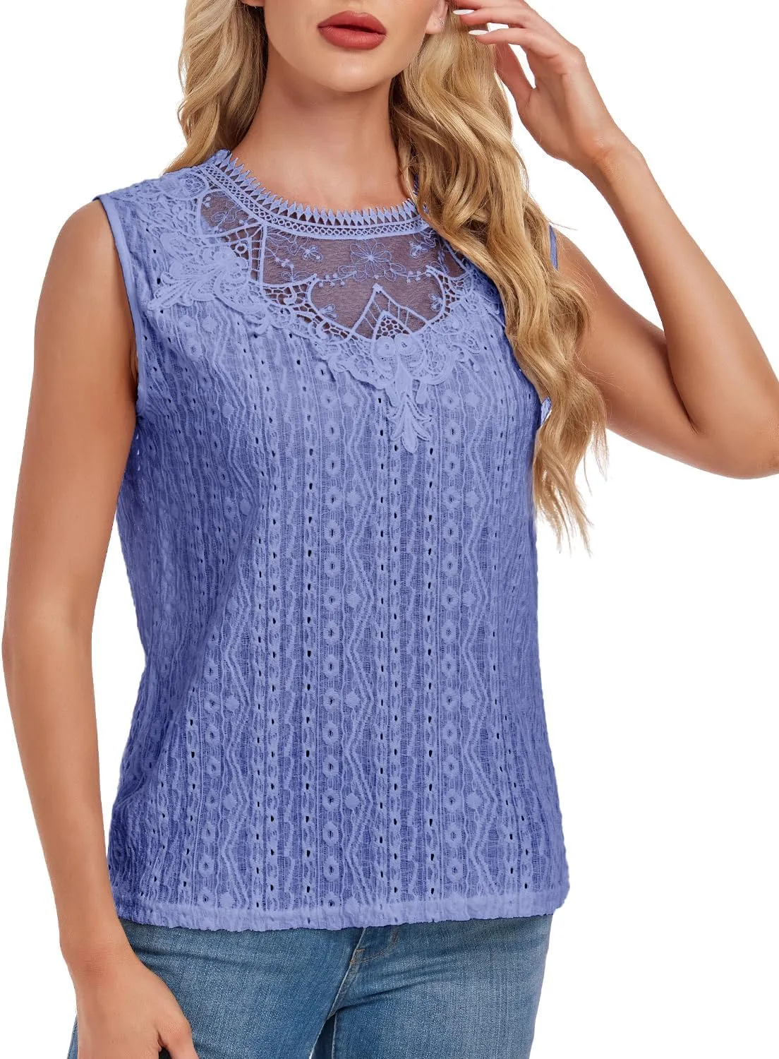 Women's Sleeveless Back Key Hole Tunic Tank Tops Casual Lace Shirt Blouses