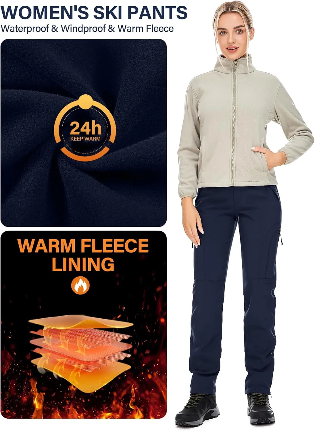 Womens Snow Pants Winter Waterproof Outdoor Soft Shell Fleece Linded Cargo Ski Hiking Pants