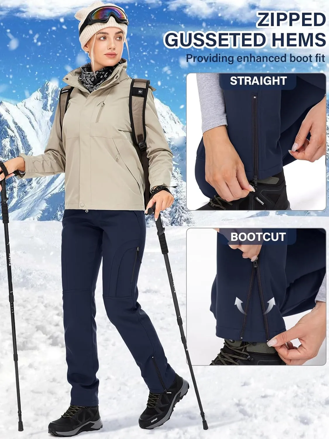 Womens Snow Pants Winter Waterproof Outdoor Soft Shell Fleece Linded Cargo Ski Hiking Pants