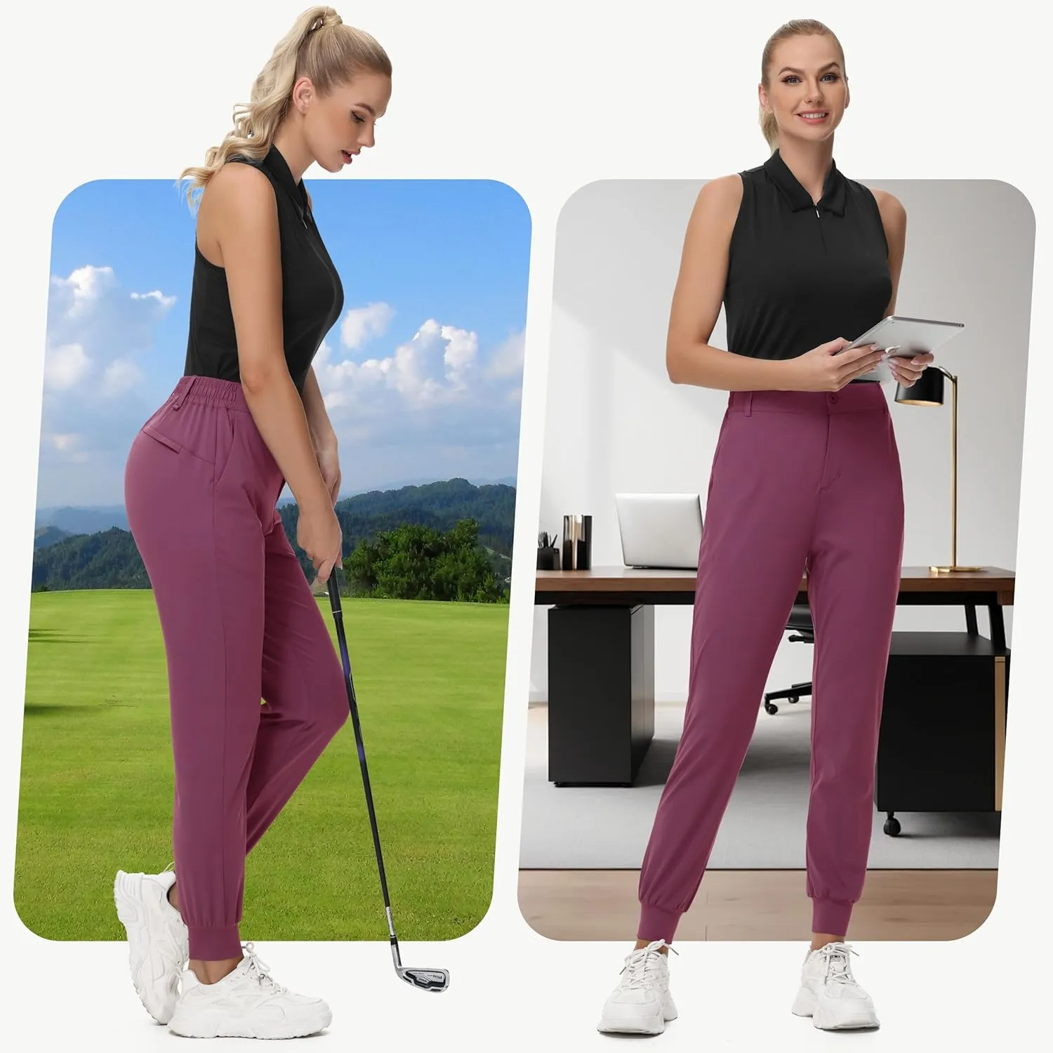 Women's Stretch Golf Joggers Pants - Tapered Athletic Casual Work Dress Travel Sweatpants with Zipper Pockets UP50
