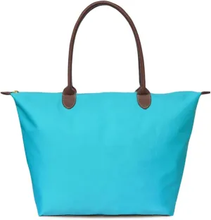 Women's Stylish Waterproof Tote Bag Nylon Travel Shoulder Beach Bags with PU handles, Turquoise