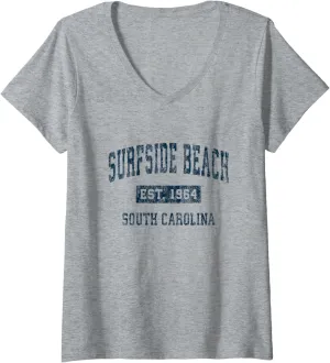 Womens Surfside Beach South Carolina SC Vintage Sports Design Navy V-Neck T-Shirt