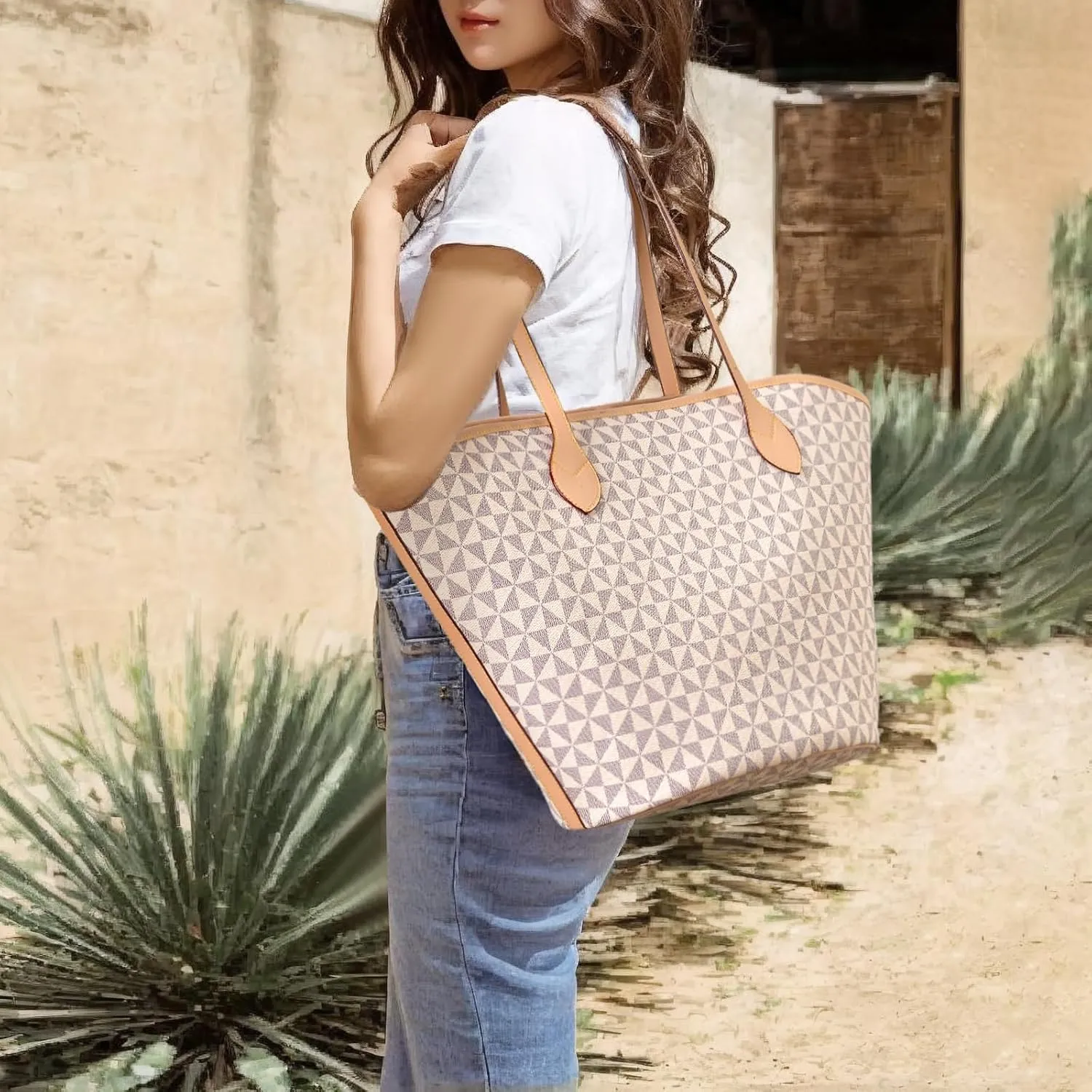 Women's Top Handle Handbags Vegan Leather Designer Handbags for Women Fashion Shoulder Bag with Wallet for Ladies 2psc