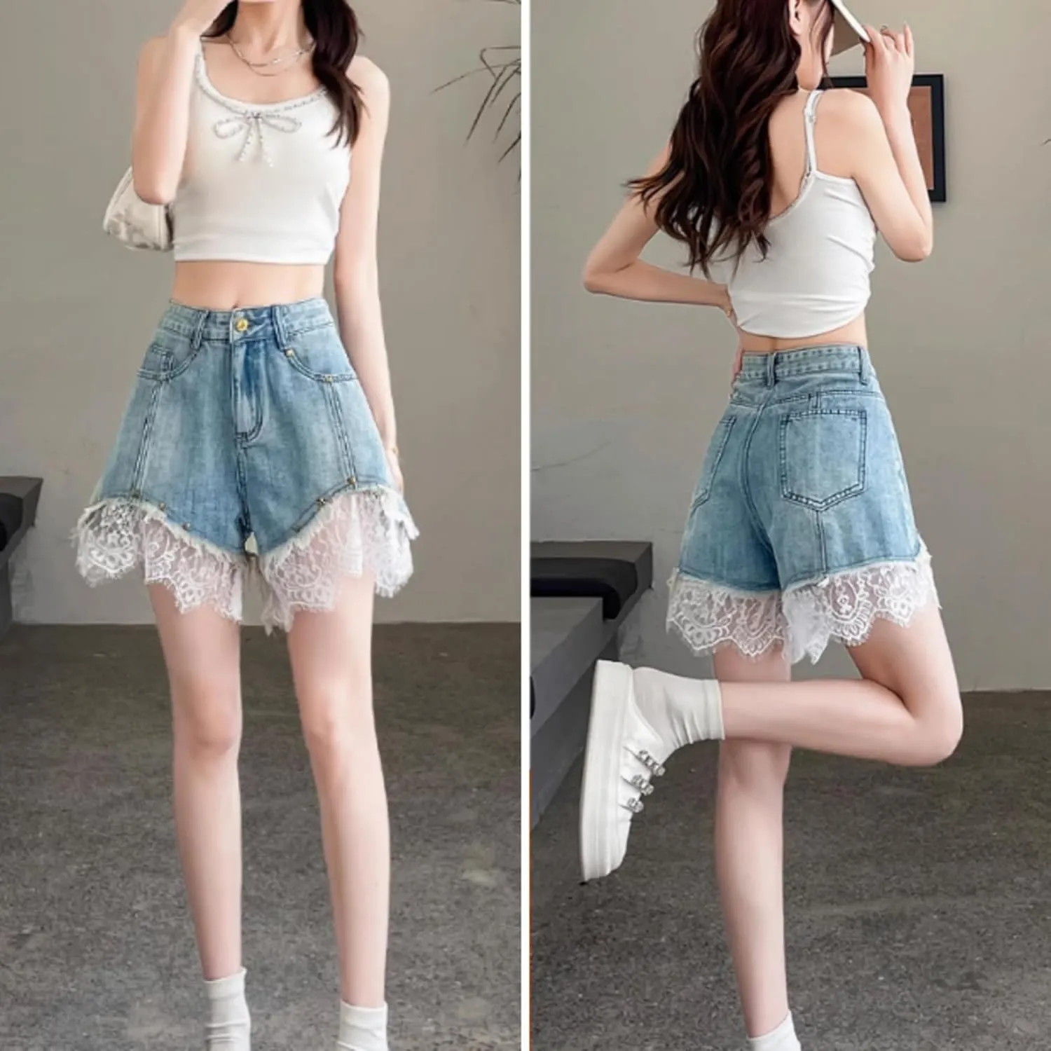 Women's Trendy Denim Shorts Sweet Lace Trim High Waist Summer Short Pants Casual Frayed Jean Shorts with Pockets