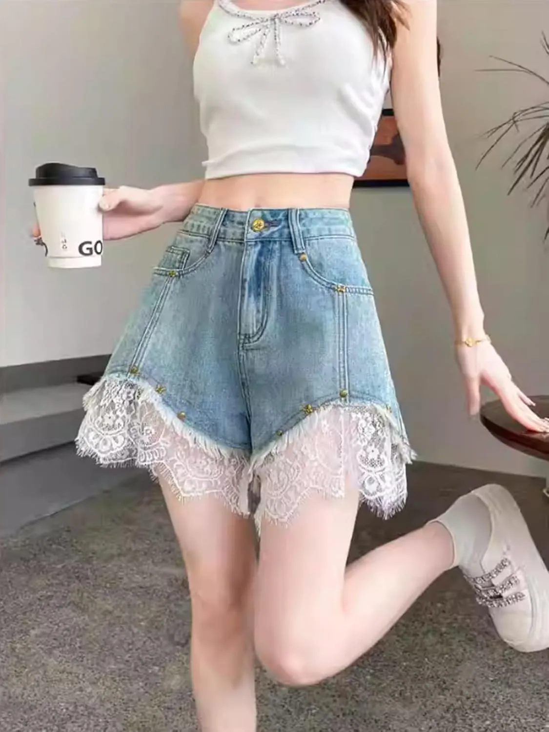 Women's Trendy Denim Shorts Sweet Lace Trim High Waist Summer Short Pants Casual Frayed Jean Shorts with Pockets