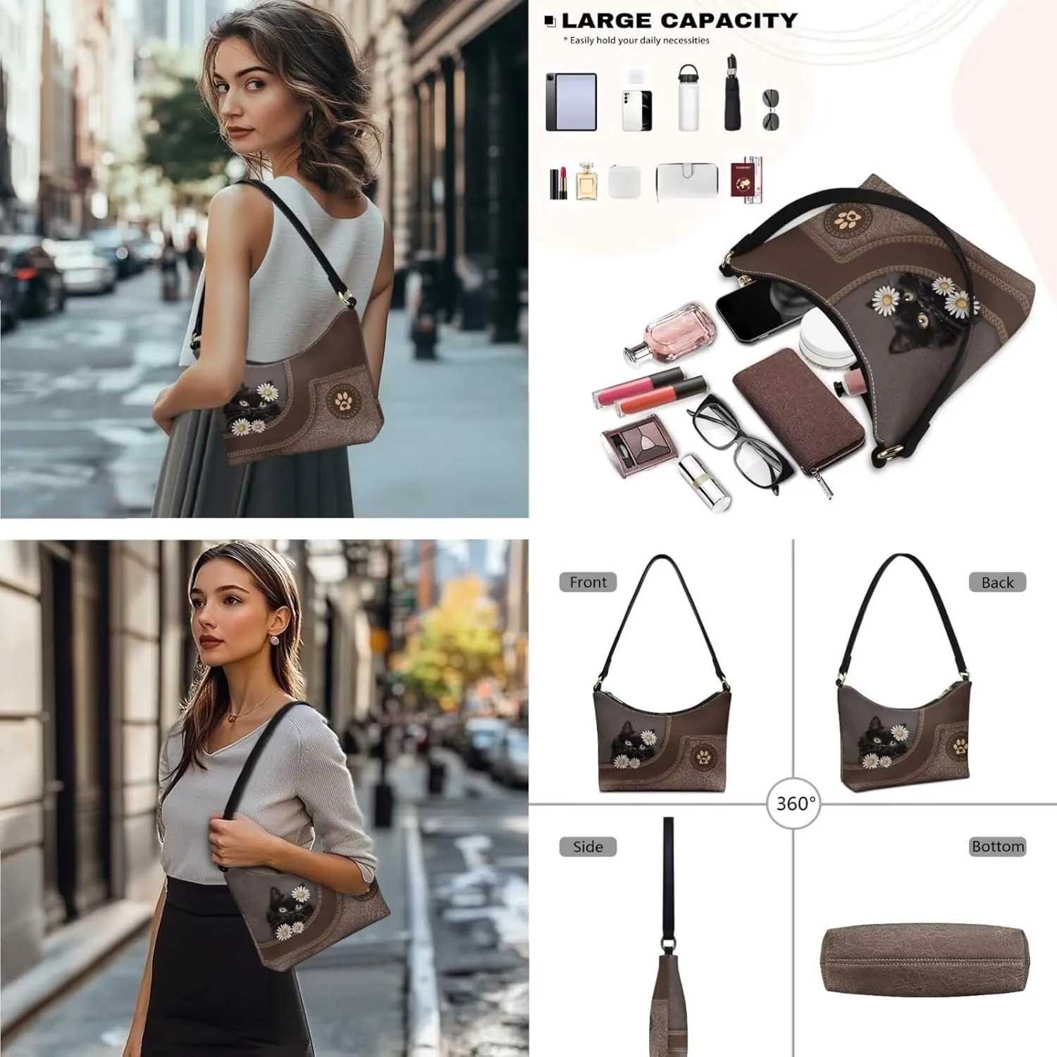 Womens Underarm Shoulder Bag with Wallet Set Brown Under Arm Purses Crescent Top Handle Purse for Date Shopping