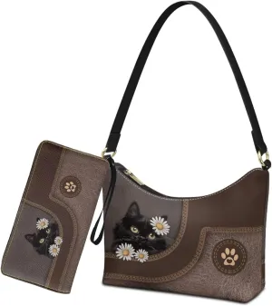 Womens Underarm Shoulder Bag with Wallet Set Brown Under Arm Purses Crescent Top Handle Purse for Date Shopping