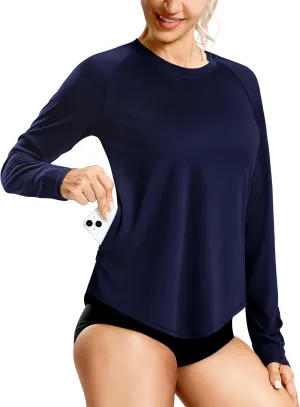Women's UPF50  Sun Protection Shirts with Zip Pocket Long Sleeve Workout Tops for Swimming Hiking Quick Dry Rash Guard