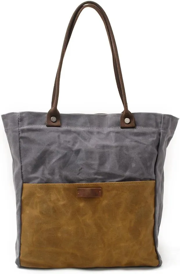 Women's Waxed Canvas Tote Bag with Genuine Leather Trim, Water-Repellent Shoulder Purse for Work & Travel, Fits 14" Laptop
