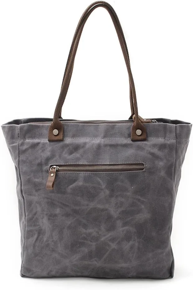 Women's Waxed Canvas Tote Bag with Genuine Leather Trim, Water-Repellent Shoulder Purse for Work & Travel, Fits 14" Laptop