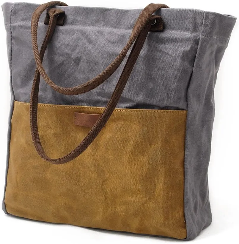 Women's Waxed Canvas Tote Bag with Genuine Leather Trim, Water-Repellent Shoulder Purse for Work & Travel, Fits 14" Laptop