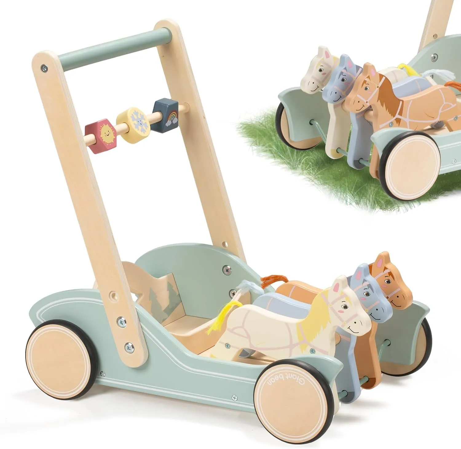 Wooden Baby Push Walker for Boys Girls Ages 1-3, Galloping Ponies Push and Pull Activity Walker Adjustable Speed, Baby Push Walker Christmas Gift for Toddler Kids Motor Skills & Creativity