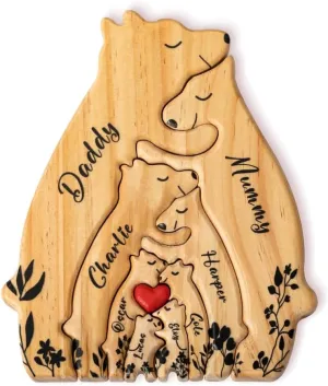 Wooden Bear Family Puzzle With Names - Custom 2-8 Name Personalized Puzzle for Mom Dad - New Parents Gifts