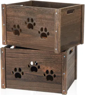 Wooden Crates 2 Pack, Hollow Claw Crates for Display, Farmhouse Handmade With Handles, Rustic Durable Storage, Large Decorative Box