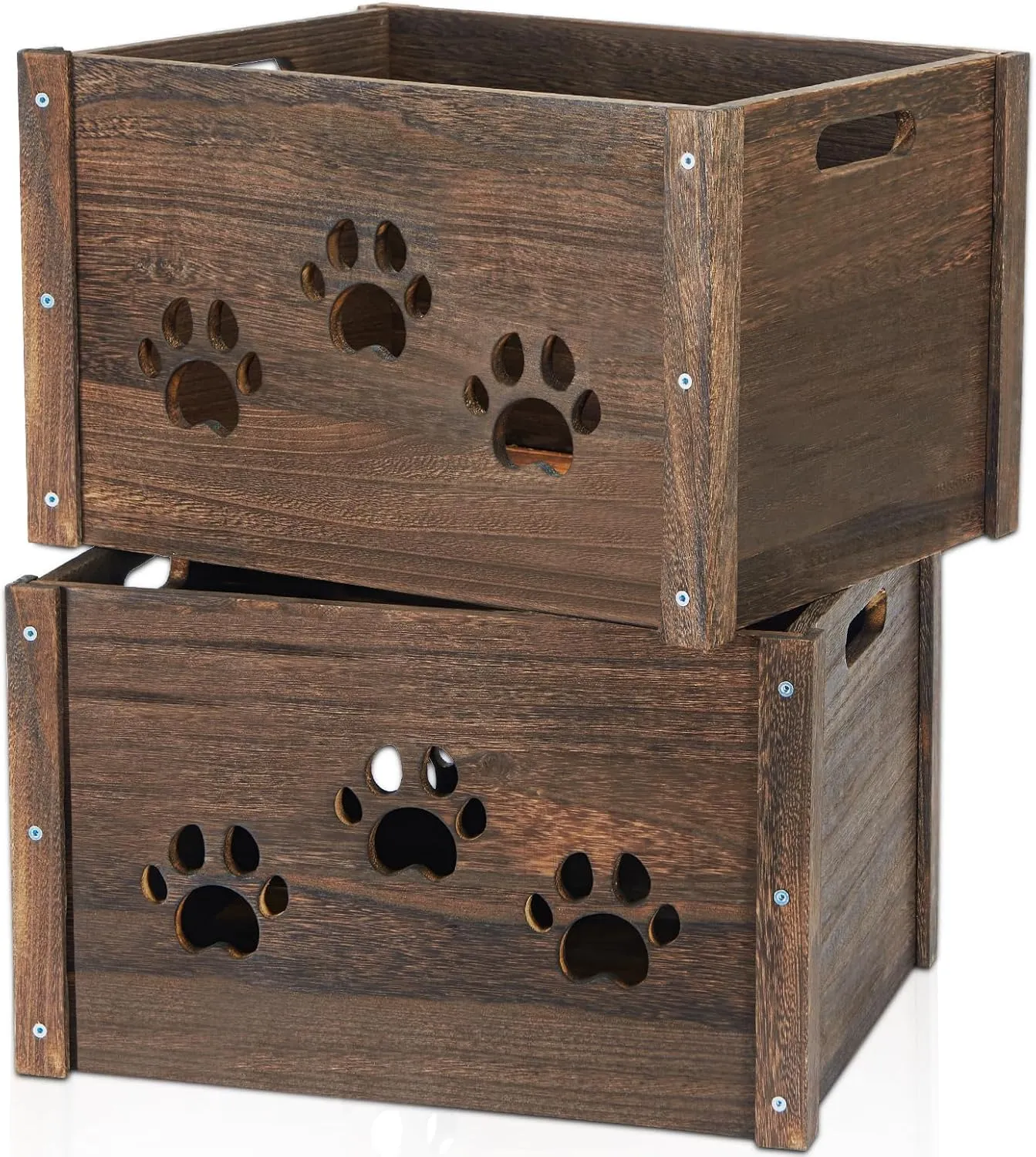 Wooden Crates 2 Pack, Hollow Claw Crates for Display, Farmhouse Handmade With Handles, Rustic Durable Storage, Large Decorative Box
