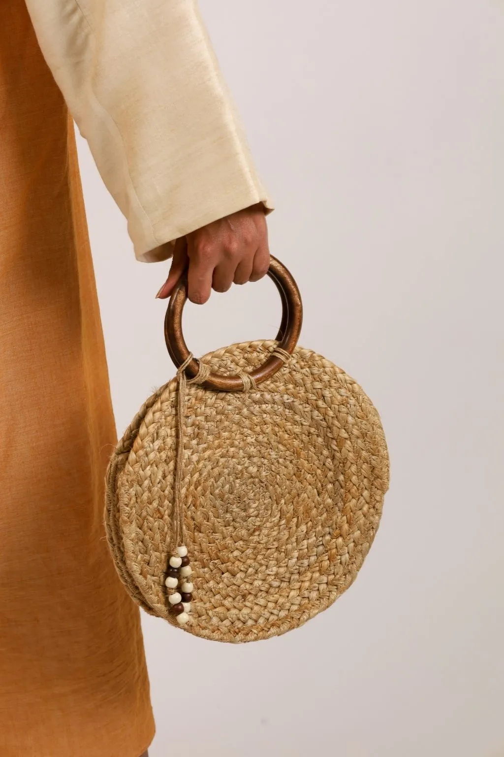 Wooden Handle Round Jute Bag