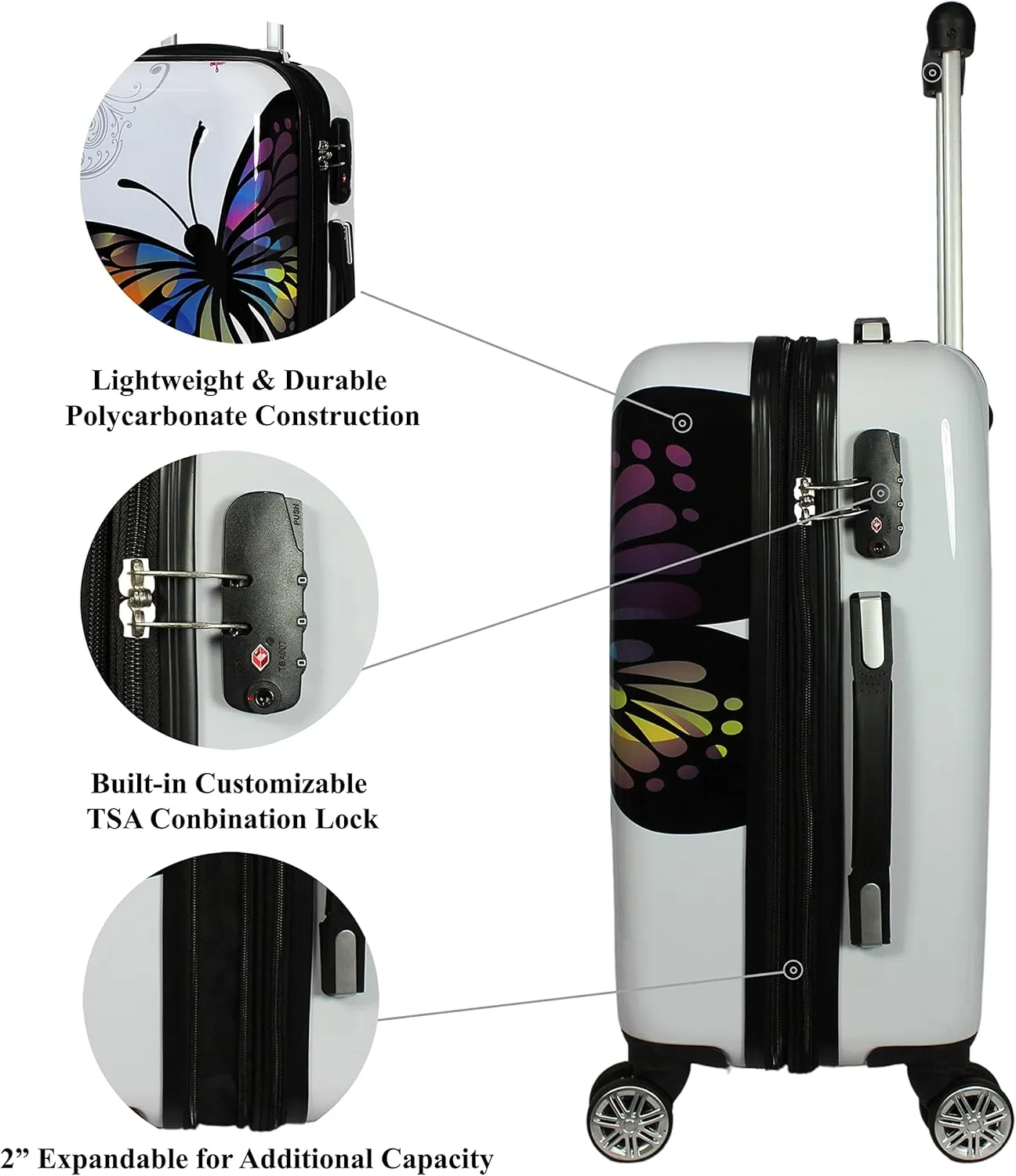 World Traveler Butterfly Polycarbonate Hardside Expandable Spinner Luggage, 20-inch
