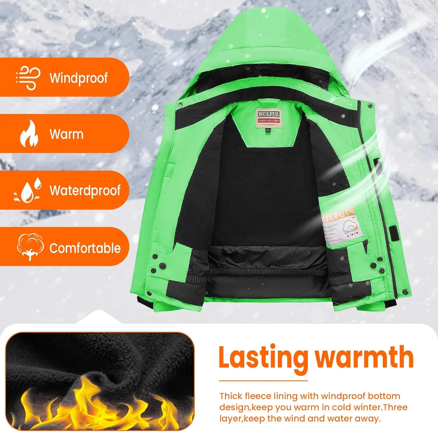 WULFUL Boy's Waterproof Ski Jacket Kids Winter Snow Coat Outdoor