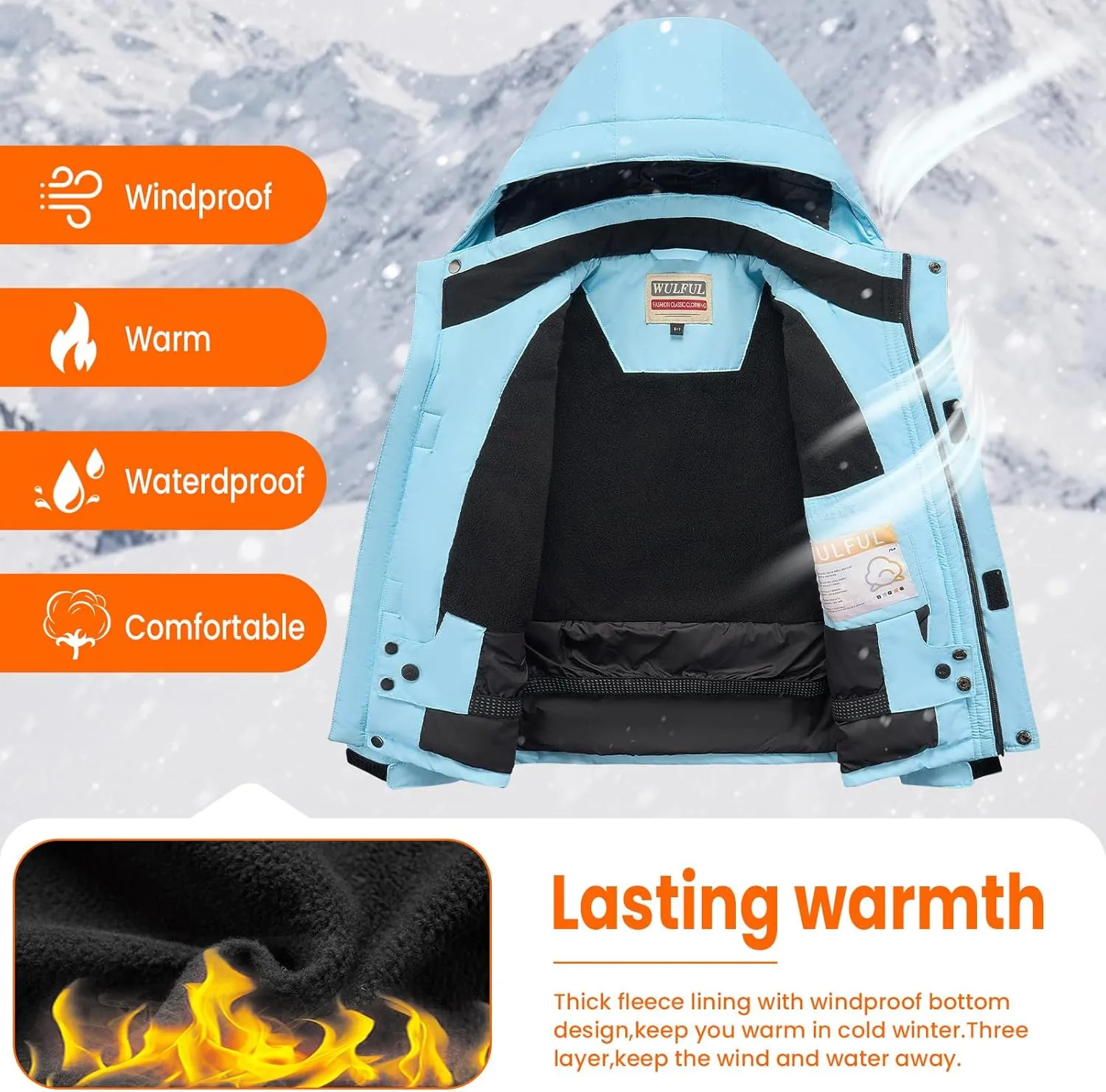 WULFUL Boy's Waterproof Ski Jacket Kids Winter Snow Coat Outdoor