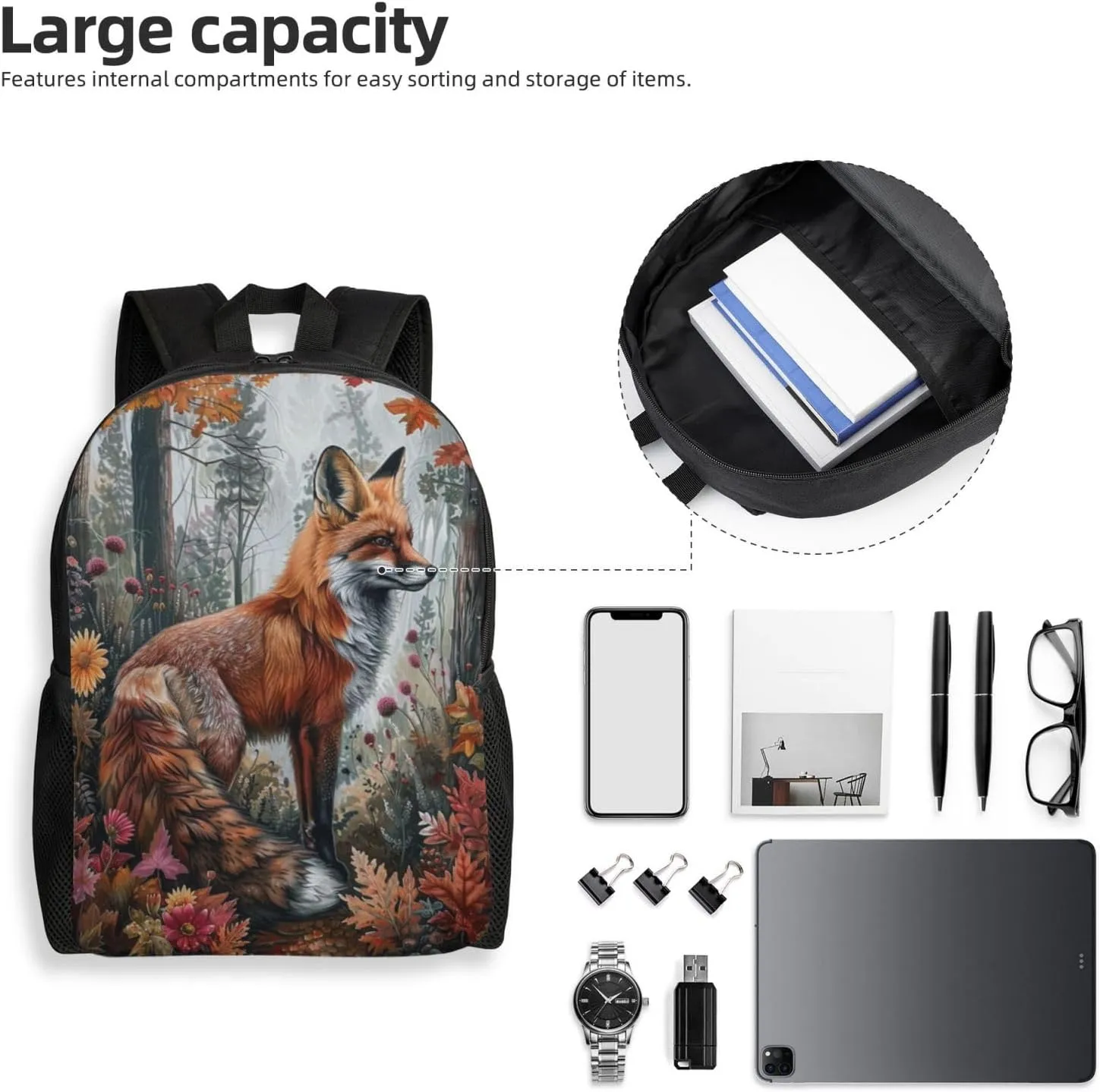 Xerial Forest Fox Backpack Waterproof Anti Theft Durable Light Laptop Bag Backpacks For Women Men Travel Gym Backpack