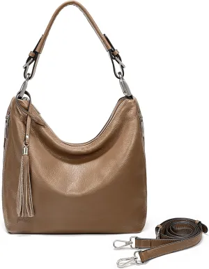 YALUXE Women's Genuine Leather Hobo Handbags Purses Shoulder Bags Cross-body Bags with Double Zippered Pockets